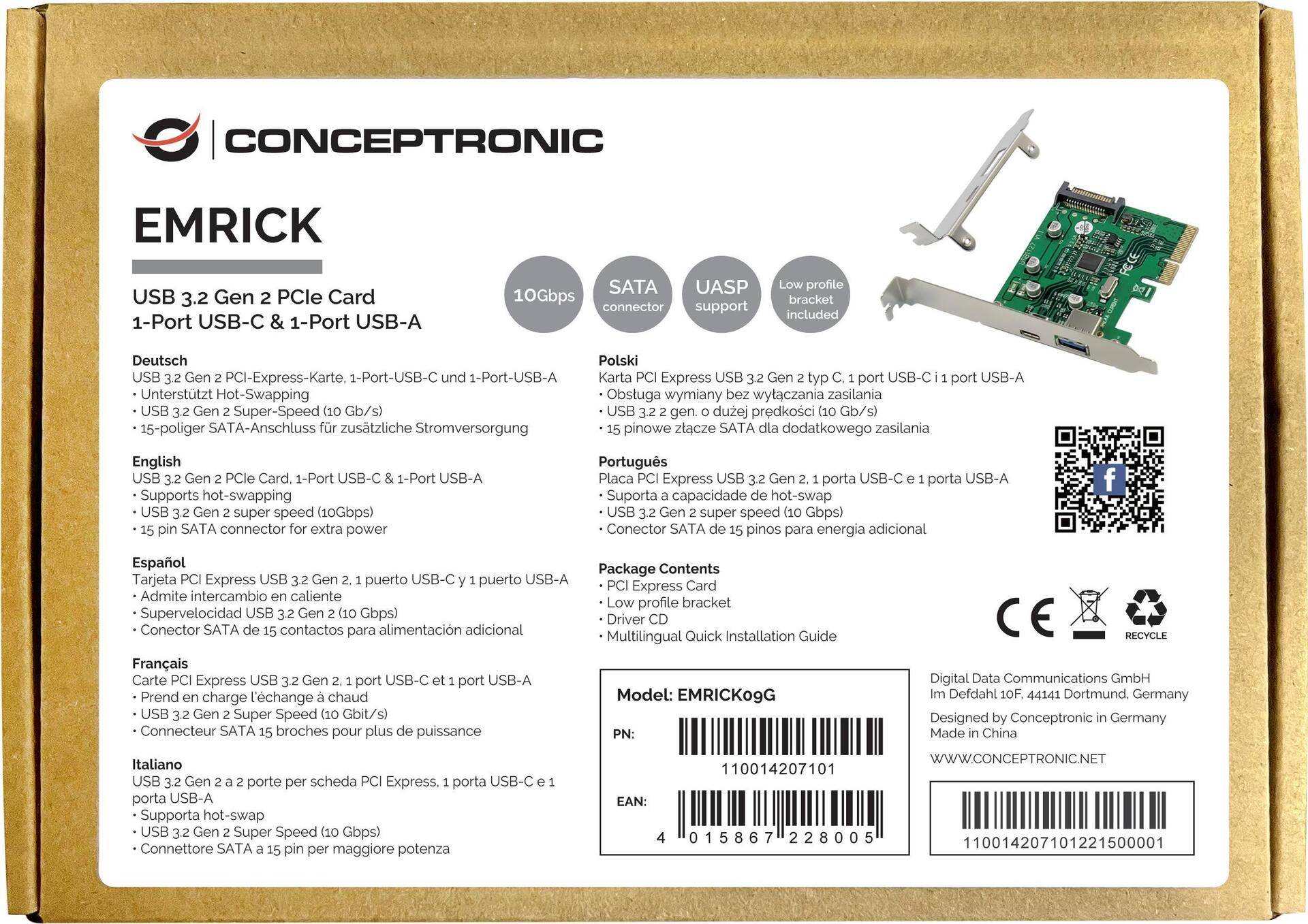 Conceptronic EMRICK USB 3.2 Gen 2 PCI-Express-Karte - 1-Port-USB-C und 1-Port-USB-A (EMRICK09G) von Conceptronic