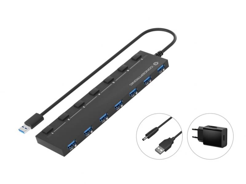 Conceptronic HUBBIES19BP 7-Port-USB 3.0-Hub mit Netzteil, 90 cm Kabel, einzelner Netzschalter, USB 3.2 Gen 1 von Conceptronic