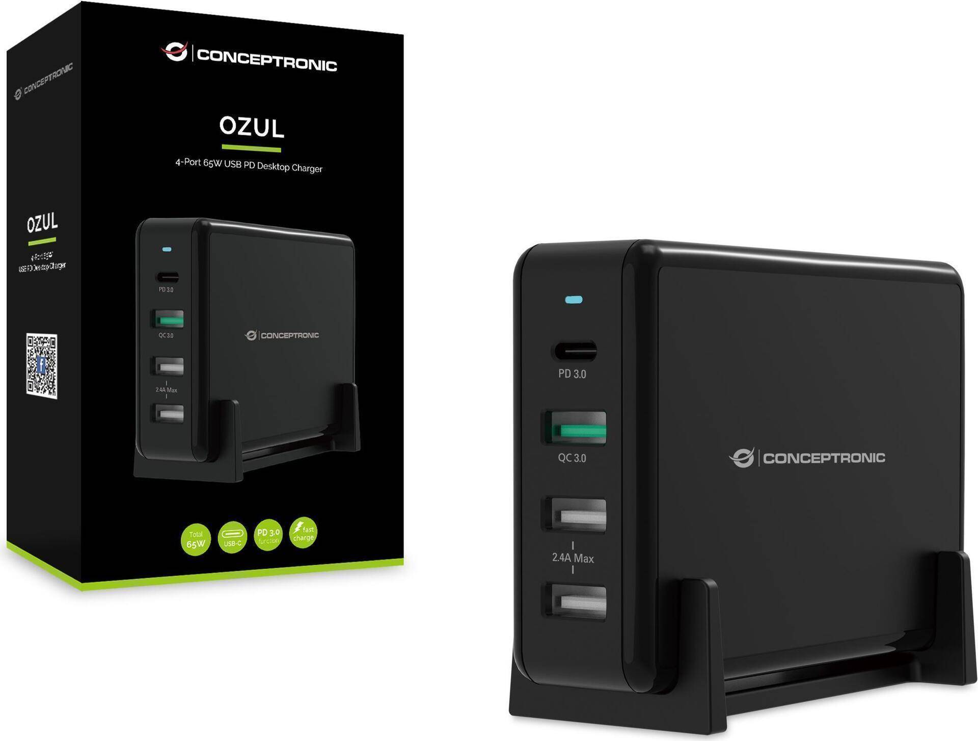 Conceptronic OZUL 4-Port 65W USB-PD Desktop-Ladegerät (OZUL01B) von Conceptronic