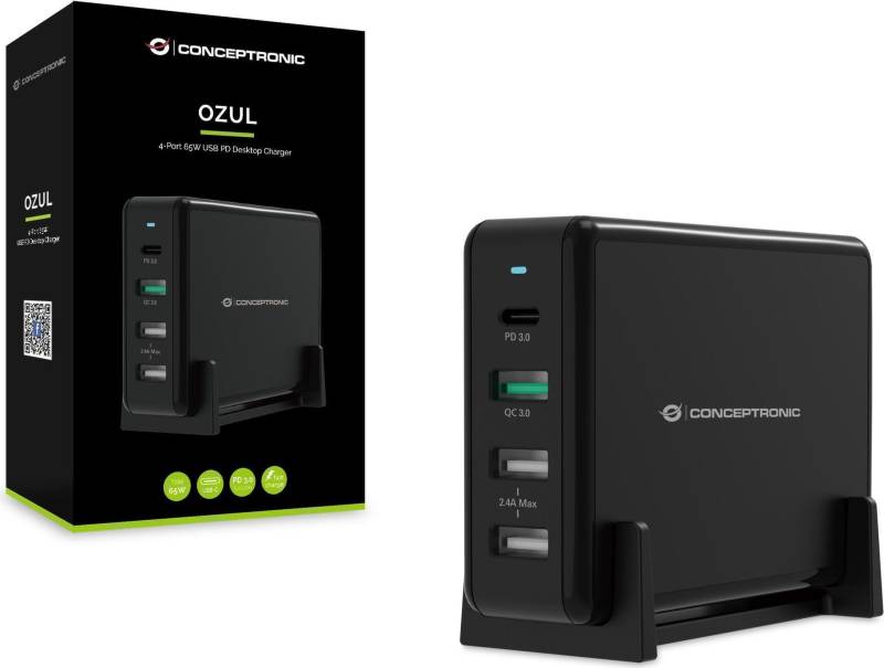 Conceptronic OZUL 4-Port 65W USB-PD Desktop-Ladegerät (OZUL01B) von Conceptronic