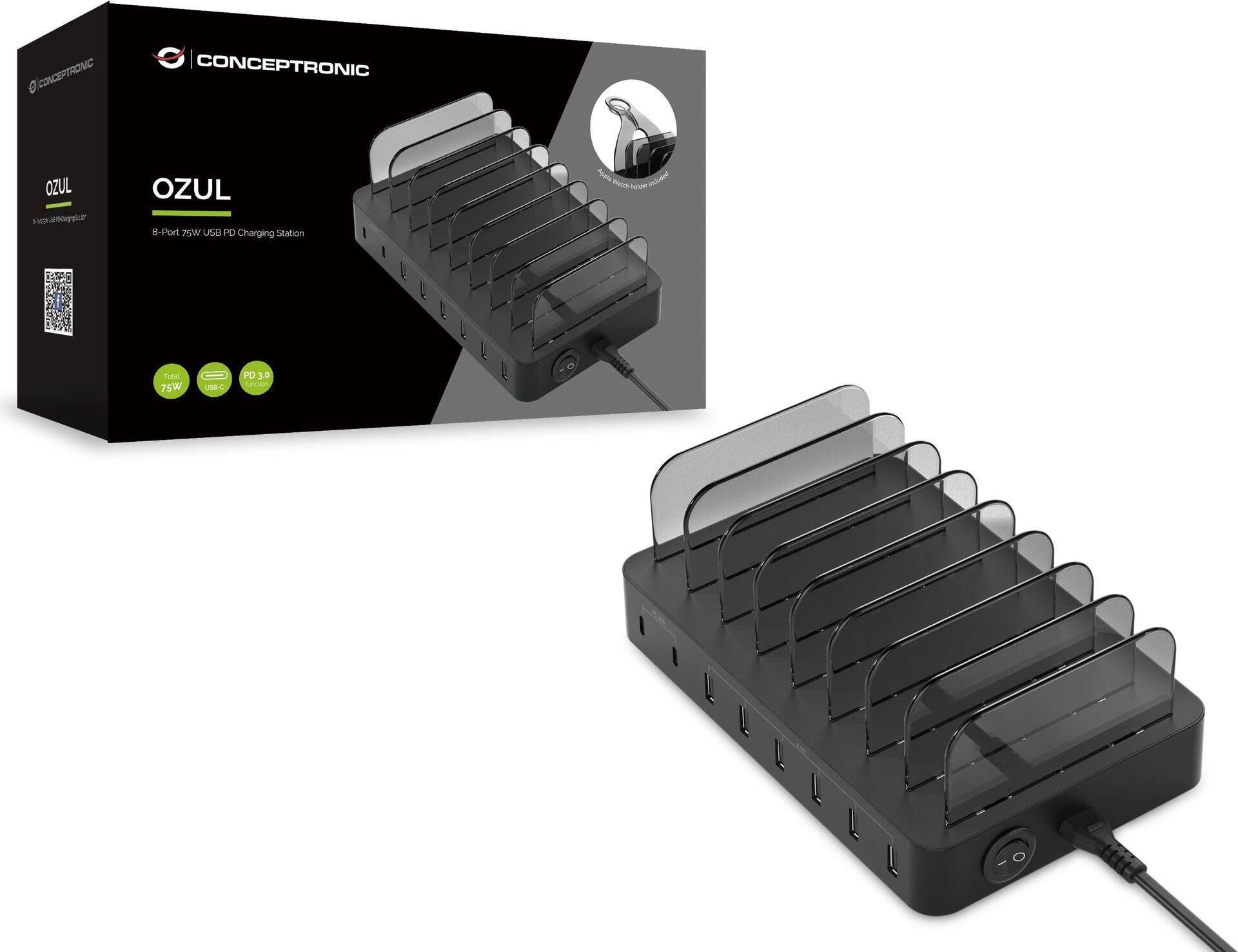Conceptronic OZUL - Ladestation - 75 Watt - PD 3.0 - 8 Ausgabeanschlussstellen (6 x USB, 2 x USB-C) (OZUL02B) von Conceptronic