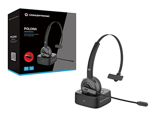 Conceptronic POLONA03BD Headset Wireless Bluetooth mit Ladestation kabellose Kopfhörer mit geräuschunterdrückendem Mikrofon, Schwarz von Conceptronic
