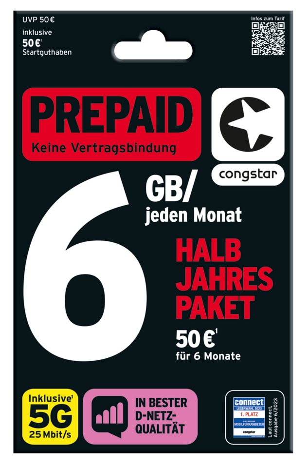 Congstar Prepaid Halbjahrespaket SIM-Karte Prepaidkarte von Congstar