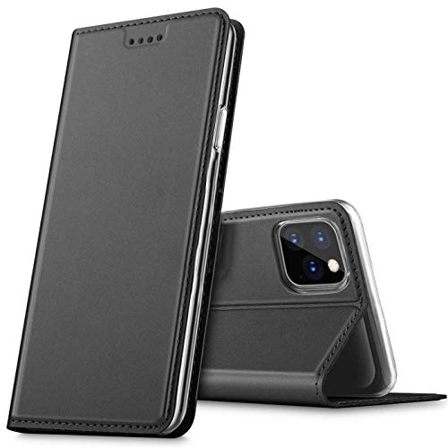 Conie® Bookstyle PU Lederhülle für iPhone 11 Pro Max, Booklet Cover Etui mit Kartenfächer klappbare Handytasche, Schwarz von Conie