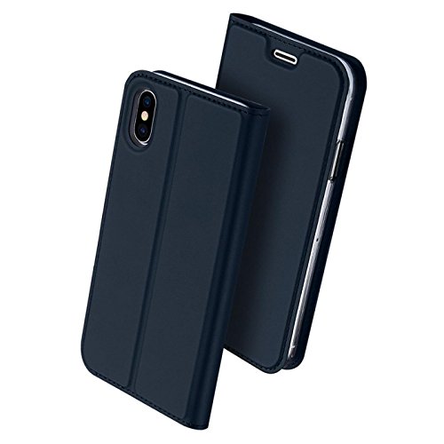 Conie EF2312 Electroplated Flip Case Kompatibel mit iPhone X/XS, PU Leder Hülle Flip Wallet Cover Kartenfächer Standfunktion Magnetisch für iPhone 10 Etui Dunkelblau von Conie