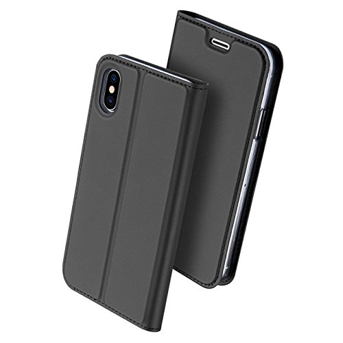 Conie EF2367 Electroplated Flip Case Kompatibel mit iPhone X/XS, PU Leder Hülle Flip Wallet Cover Kartenfächer Standfunktion Magnetisch für iPhone 10 Etui Deep Black von Conie