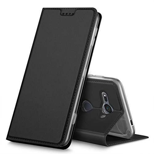 Conie EF40667 Electroplated Flip Case Kompatibel mit Sony Xperia XZ2 Compact, PU Leder Hülle Flip Wallet Cover Kartenfächer Standfunktion Magnetisch für Xperia XZ2 Compact Etui Deep Black von Conie