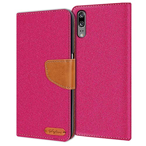 Conie Huawei P20 Hülle für P20 Tasche, Textil Denim Jeans Look Booklet Cover Handytasche Klapphülle Etui mit Kartenfächer, Pink von Conie
