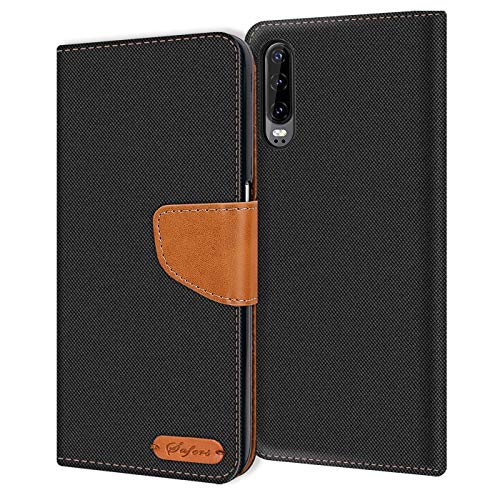Conie Huawei P30 Hülle für P30 Tasche, Textil Denim Jeans Look Booklet Cover Handytasche Klapphülle Etui mit Kartenfächer, Schwarz von Conie