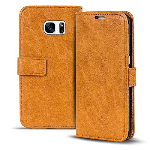 Conie RW35122 Retro Wallet Kompatibel mit Samsung Galaxy S7 Edge, Klapphülle Tasche Vintage Leder Design für Galaxy S7 Edge Etui mit Kartenfächer Gelbbraun von Conie