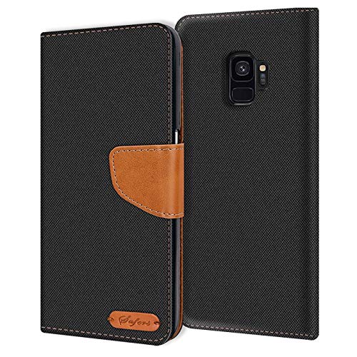 Conie Samsung Galaxy S9 Hülle für Galaxy S9 Tasche, Textil Denim Jeans Look Booklet Cover Handytasche Klapphülle Etui mit Kartenfächer, Schwarz von Conie