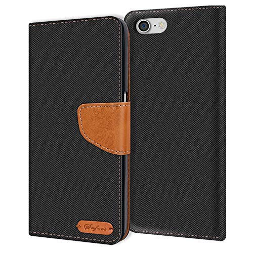 Conie iPhone 7, iPhone 8, iPhone SE 2 Hülle für iPhone 7, iPhone 8, iPhone SE 2 Tasche, Textil Denim Jeans Look Booklet Cover Handytasche Klapphülle Etui mit Kartenfächer, Schwarz von Conie