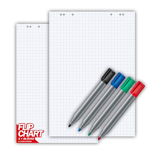 Conipa® - 5 x Set Flipchart Papier Block 68x99 cm weiß (KARIERT) 80 g/qm - 5 Blöcke à 20 Blatt INKL. 4 x Flipchart-Stifte (Marker) - Whiteboard-Papier & Blöcke - Board Paper für Charts & Meetings von Conipa