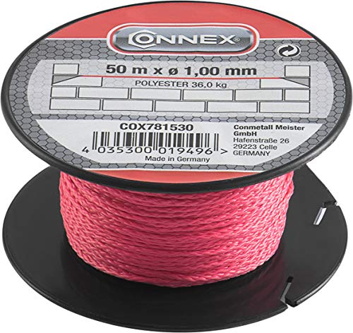 Connex Maurerschnur pink - 50 m Länge - Ø 1,0 mm - Polyester - Knotenfest - Reißfest & Belastbar - Auf Spule / Richtschnur / Bauschnur / Lotschnur / Pflasterschnur / COX781530 von Connex