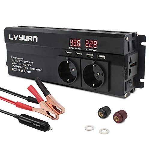 Cantonape Spannungswandler 12V 230V /1000w (2000w Peak Wechselrichter mit 3 Steckdose und 4 USB LED Spannungsanzeige schwarz von Contonape