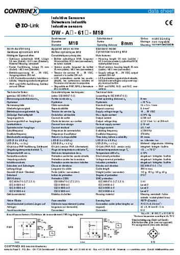Contrinex Induktiver Sensor M18 nicht bündig PNP DW-AD-613-M18-245 von Contrinex