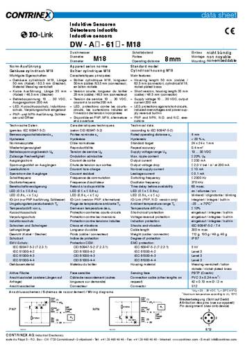 Contrinex Induktiver Sensor M18 nicht bündig PNP DW-AD-613-M18-245 von Contrinex