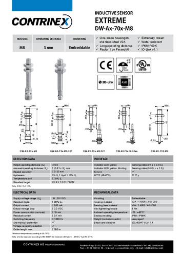 Contrinex Induktiver Sensor M8 bündig PNP DW-AD-703-M8-295 von Contrinex