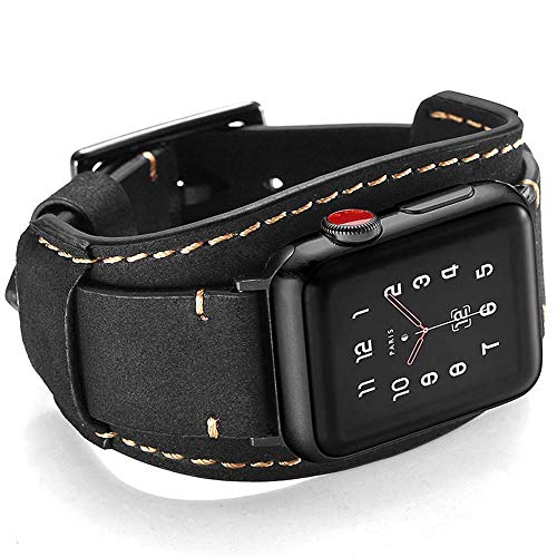 CooBES Kompatibel mit Apple Watch Armband 49mm 45mm 44mm 42mm，Echtes Leder Uhrenarmband Cuff Ersatz Armbänder mit Edelstahlschließe für iWatch Ultra Series 9/8/7/6/5/4/3/2/1 SE SE 2 (Schwarz) von CooBES