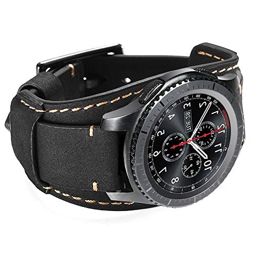 CooBES Kompatibel mit Samsung Galaxy Watch 46mm/Gear S3 Frontier/Galaxy Watch 3 45mm/Classic Armband，22mm Echtes Leder Uhrenarmband Cuff Ersatz Armbänder mit für Männer oder Frauen (22mm, Schwarz) von CooBES