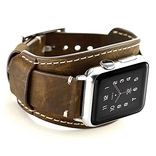Coobes Kompatibel mit Apple Watch Armband 41mm 40mm 38mm,Echtes Leder Uhrenarmband Cuff Ersatz Armbänder mit Edelstahlschließe für iWatch Series 9/8/7/6/5/4/3/2/1 SE SE2 für Männer oder Frauen(Kaffee) von CooBES