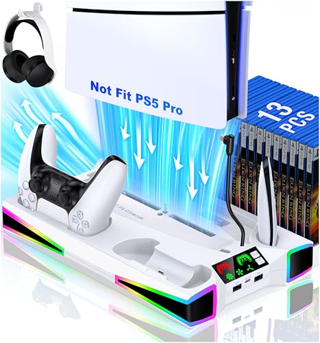 PS5 Standfuß für PS5/PS5 Slim mit 3 Stufig Kühler Lüfter, Starker Wind und Schnelle Wärmeableitung, PS5 Ständer mit RGB Licht und Controller Ladestation für PS5, PS5 Zubehör 2 Extra USB Ports, Weiß von Coogamefly