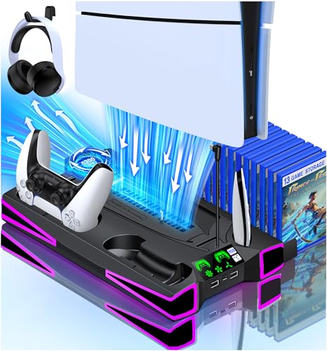 PS5 Standfuß für PS5/PS5 Slim mit 3 Stufig Kühler Lüfter, Starker Wind und Schnelle Wärmeableitung, PS5 Ständer mit RGB Licht und Controller Ladestation für PS5, PS5 Zubehör 2 Extra USB Ports, Schwarz PS5 Standfuß für PS5/PS5 Slim mit 3 Stufig Kühler Lüfter, Starker Wind und Schnelle Wärmeableitung, PS5 Ständer mit RGB Licht und Controller Ladestation für PS5, PS5 Zubehör 2 Extra USB Ports, Schwarz von Coogamefly