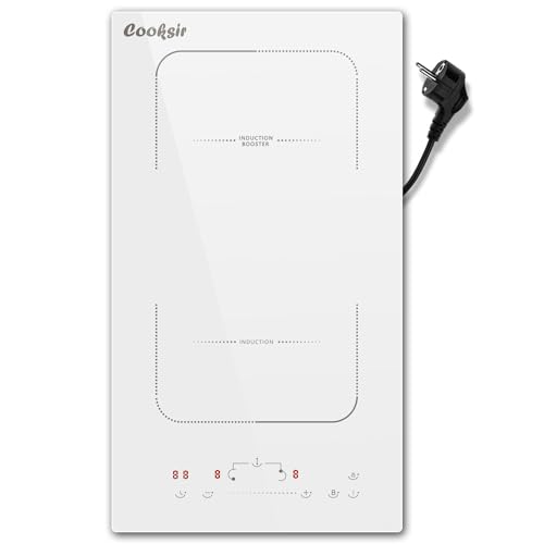 Cooksir Induktionskochfeld 2 Platten mit Stecker, Weißes Keramikglas Kochplatte, Kochfelder 2er, Doppel 29cm Einbau, 3500Watt, Kombinierte Zone, 220V von Cooksir