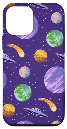 Hülle für iPhone 12 mini Violettes Weltraummuster mit UFO und Planeten galaktischer Grafik von Cool Accessories For Your Phone