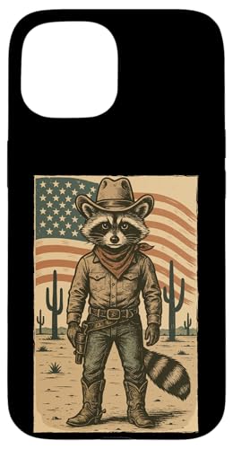 Retro Cowboy Waschbär USA Flagge Lustig Western 4. Juli Waschbär Hülle für iPhone 15 von Cool Tees
