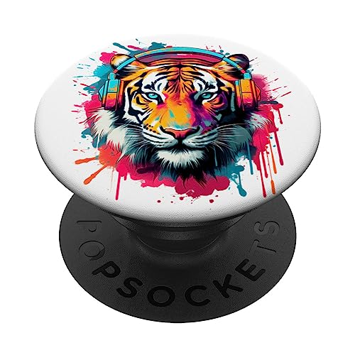 Bunte DJ Tiger Kopfhörer Musik Tiger Liebhaber Grafik PopSockets mit austauschbarem PopGrip von Cool Tiger Graphic Design Co.