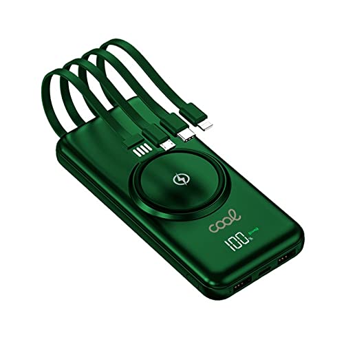 Externer Akku, Universal-Powerbank, 10.000 mAh + Qi, kabelloses Laden (4 Anschlüsse), Grün von Cool