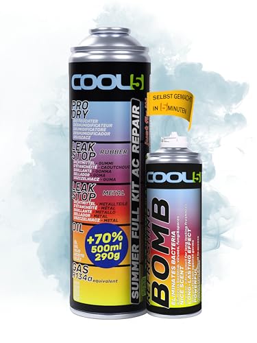 COOL5 5in1 - kältemittel r134a nachfüllset, r134a kältemittel mit Öl, für Klimaanlagenbefüllung für PKW 1995-2016 + Refresher Bombe + Universalreiniger 500ml von Cool5
