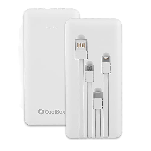 Power Bank 10.000 mAh Schnellladung 4-in-1 mit integrierten USB-C-, Micro-USB-, Lightning- und USB-A-Kabeln, LED-Anzeige für Ladezustand, kompatibel mit iPhone, Smartphones, Tablets, CoolBox, Weiß von CoolBox