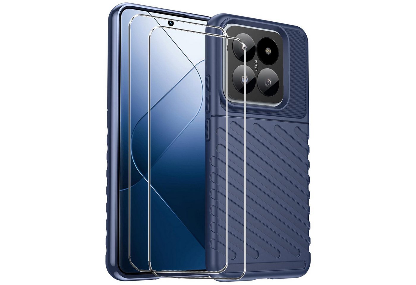 CoolGadget Handyhülle Blau als 2in1 Schutz Cover Set für das Xiaomi 14 6,36 Zoll, 2x 9H Glas Display Schutz Folie + 1x TPU Case Hülle für 14 von CoolGadget