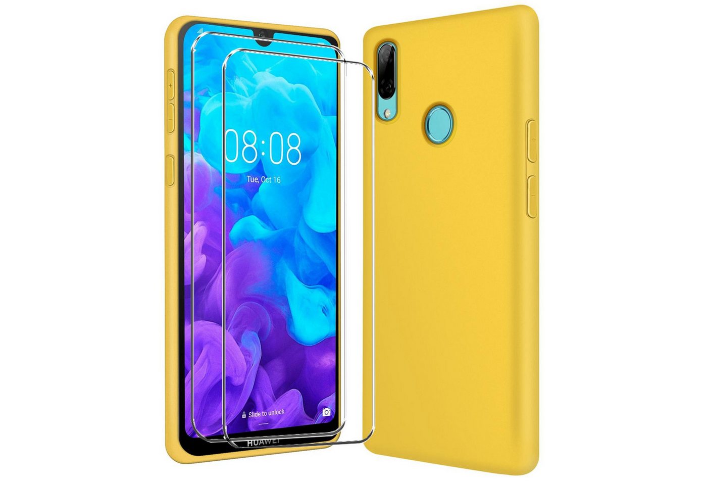 CoolGadget Handyhülle Gelb als 2in1 Schutz Cover Set für das Huawei P Smart 2019 6,21 Zoll, 2x Glas Display Schutz Folie + 1x TPU Case Hülle für P Smart 2019 von CoolGadget