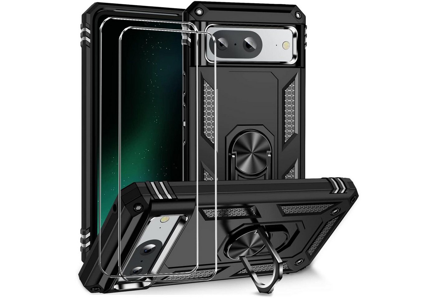 CoolGadget Handyhülle Schwarz als 2in1 Schutz Cover Set für das Google Pixel 7a 6,1 Zoll, 2x 9H Glas Display Schutz Folie + 1x TPU Case Hülle für Pixel 7a von CoolGadget