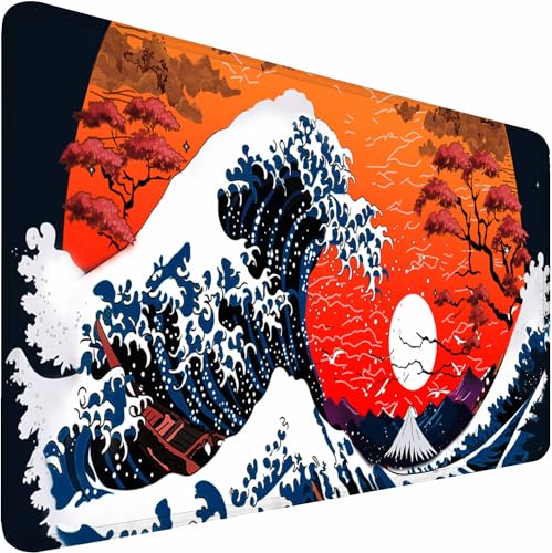 Premium Gaming Mauspad XXL 900 x 400 mm Wellen im japanischen Stil Wasserdicht & rutschfest - Genähte Kanten für Haltbarkeit - Perfekt für PC, MacBook und Laptop - Großes Mousepad von CoolNovel