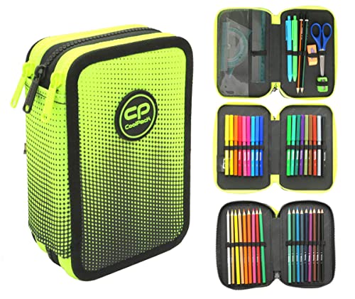 CoolPack XXL Pencil Case 3-Compartment School Pencil Case, Triple Pencil Case for a Boy, Ombre Pencil Case 44 Pieces Filled Student Case 3-Tier, yellow, Pencil case von CoolPack