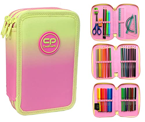 CoolPack XXL Pencil Case 3-Compartment School Pencil Case Triple Pencil Case for One Girl Ombre Pink Yellow Pencil Case 44-Piece Filled Student Case 3-Tier E67614, yellow, Pencil case von CoolPack