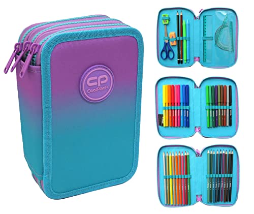 CoolPack XXL Pencil Case 3-Compartment School Pencil Case Triple Pencil Case for One Girl Ombre Violet Pencil Case 44-Piece Filled Student Case 3-Tier, Purple, Pencil case von CoolPack