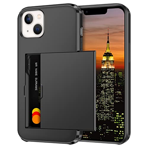 Coolden Handyhülle für iPhone 14 Hülle mit Kartenfach Armor Stoßfest Hülle Case Silikon Weicher TPU Harte PC Bumper Cover Heavy Duty Schutzhülle Brieftasche Etui Handyhülle für iPhone 14 Schwarz von Coolden