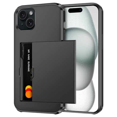 Coolden Handyhülle für iPhone 15 Hülle Case mit Kartenfach Armor Stoßfest Hülle Silikon Weicher TPU Harte PC Bumper Cover Heavy Duty Schutzhülle Brieftasche Etui Handyhülle für iPhone 15 6,2" Schwarz von Coolden