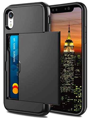 Coolden Handyhülle für iPhone XR Hülle mit Kartenfach Armor Stoßfest Hülle Case Silikon Weicher TPU Harte PC Bumper Cover Heavy Duty Schutzhülle Brieftasche Etui Handyhülle für iPhone XR Schwarz von Coolden