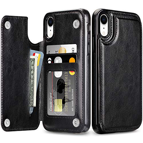 Coolden Hülle für iPhone XR Handyhülle Premium PU Klappbar Leder Hülle Handyhülle mit Kartenfach Ständer Magnetische Brieftasche Flip Case Dauerhaft Stoßfeste Schutzhülle Cover für iPhone XR Schwarz von Coolden