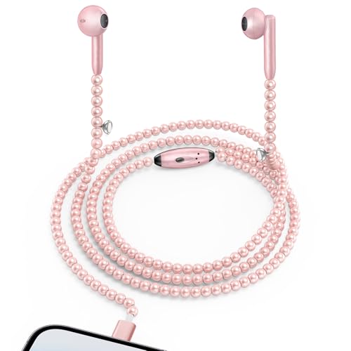 Coolden für iPhone Kopfhörer mit Kabel Rosa Perlen In-Ear Kopfhörer HiFi Audio Stereo Ohrhörern mit Magnetische Schnalle Mikrofon und Lautstärkeregler für iPhone 14/13/12/11/Pro Max/SE/XS/XR/8/7 von Coolden