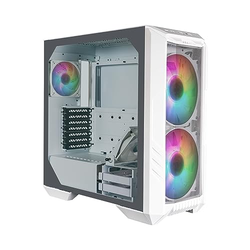 Cooler Master HAF 500 weißes PC-Gehäuse – Midi-Tower mit 2 vorinstallierte 200mm ARGB-Lüfter, drehbarer 120mm GPU-Lüfter, vielseitige Kühloptionen, Seitenwand aus gehärtetem Glas, abnehmbare Oberseite von Cooler Master