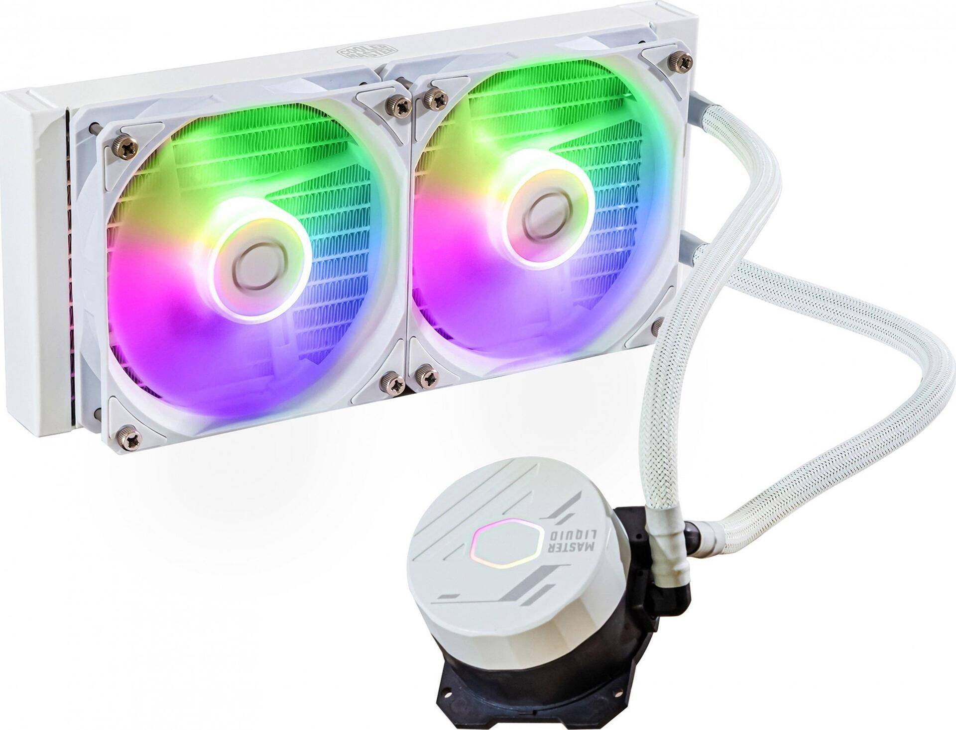 Cooler Master MasterLiquid 240L Core ARGB White. Typ: Flüssigkeitskühlung, Lüfterdurchmesser: 12 cm, Rotationsgeschwindigkeit (min.): 650 U/min, Rotationsgeschwindigkeit (max.): 1750 U/min, Geräuschpegel (hohe Geschwindigkeit): 27,2 dB, Maximaler Luftstrom: 71,93 cfm, Maximum Luftdruck: 1,86 mmH2O, Lagertyp: Gewehrlager. Produktfarbe: Weiß (MLW-D24M-A18PZ-RW) von Cooler Master