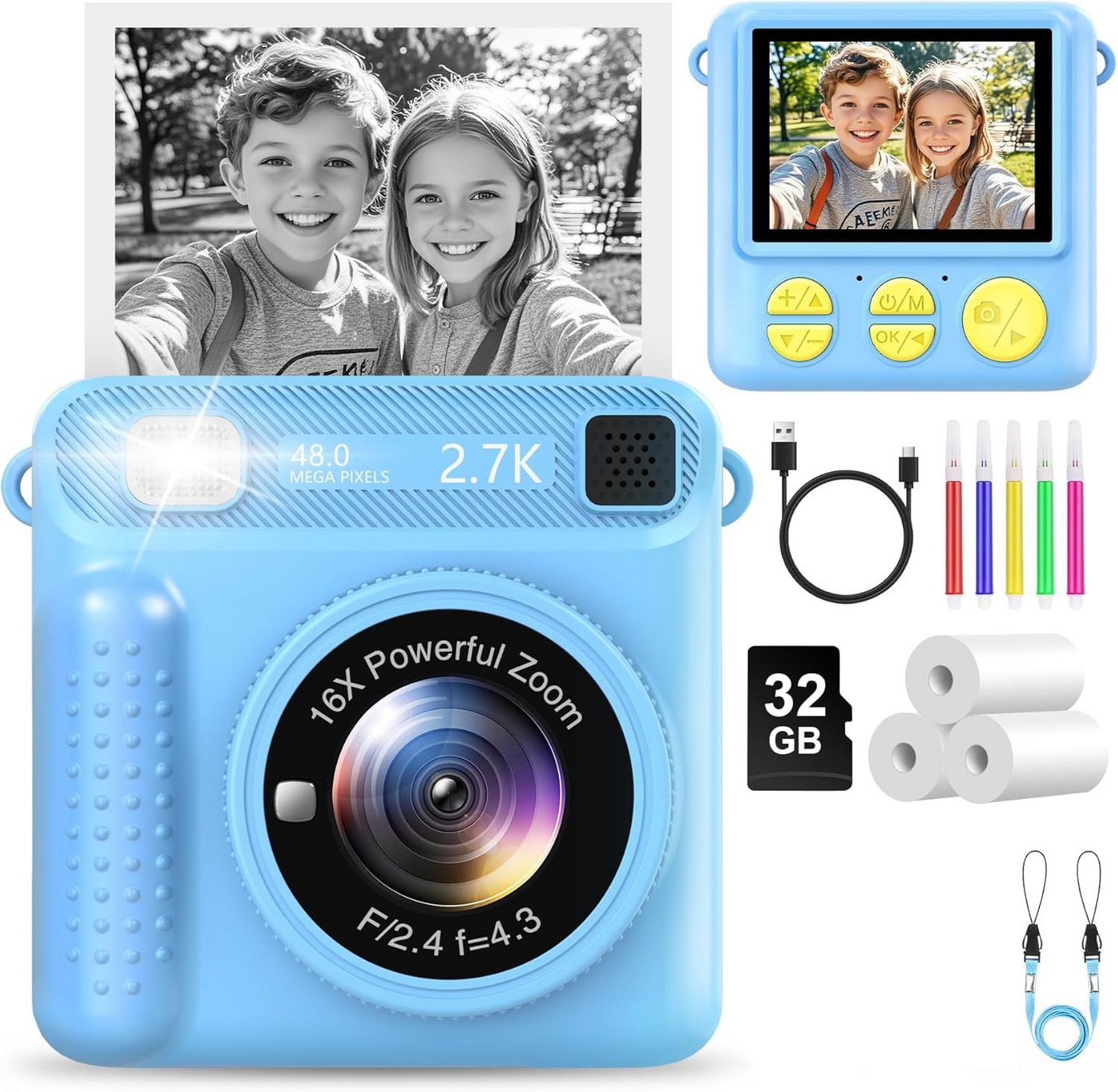 Coonoor Sofortbildkamera KinderKamera, 1080P 2,4 Zoll Bildschirm Kinderkamera (30 MP, mit 32G Karte & Druckpapier, Kinderspielzeug für 3-12 Jahren) von Coonoor