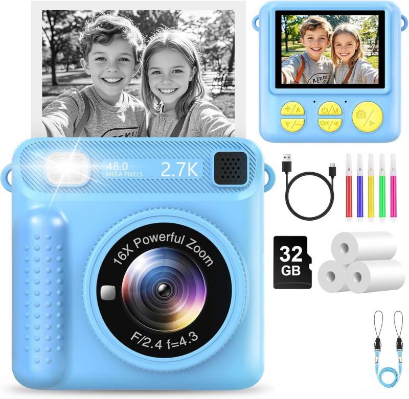 Coonoor Sofortbildkamera KinderKamera, 1080P 2,4 Zoll Bildschirm Kinderkamera (30 MP, mit 32G Karte & Druckpapier, Kinderspielzeug für 3-12 Jahren) von Coonoor